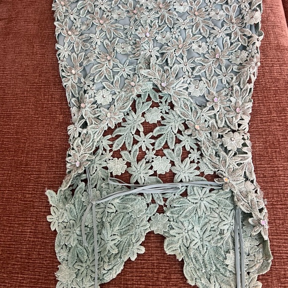 Light Blue Floral Lace Spaghetti Straps Slip Dress with Crystal Beaded Fringe. - Picture 6 of 8
